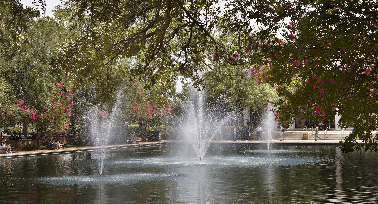 The fountains and reflecting pool in front of Thomas Cooper Library