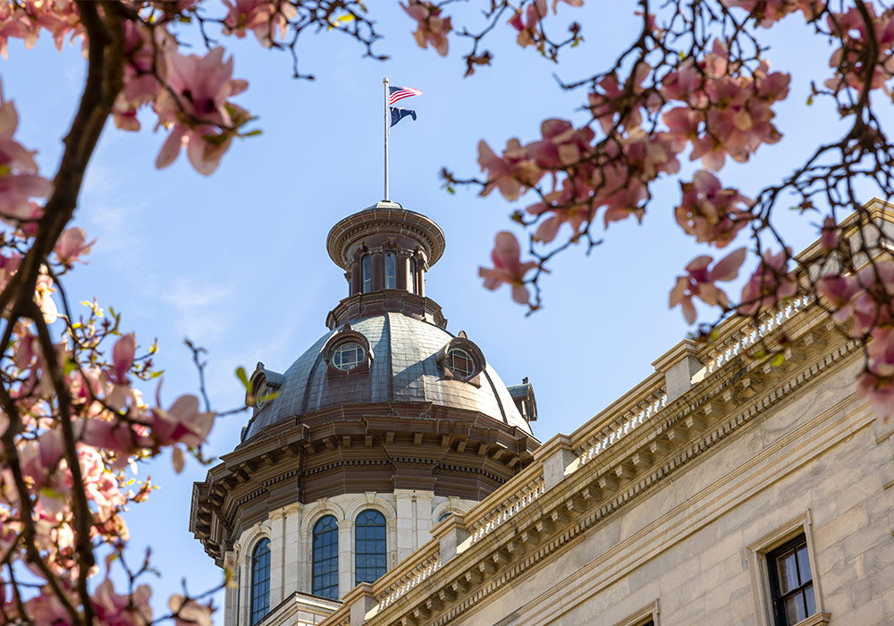State House dome with flags on top and flowers in foreground