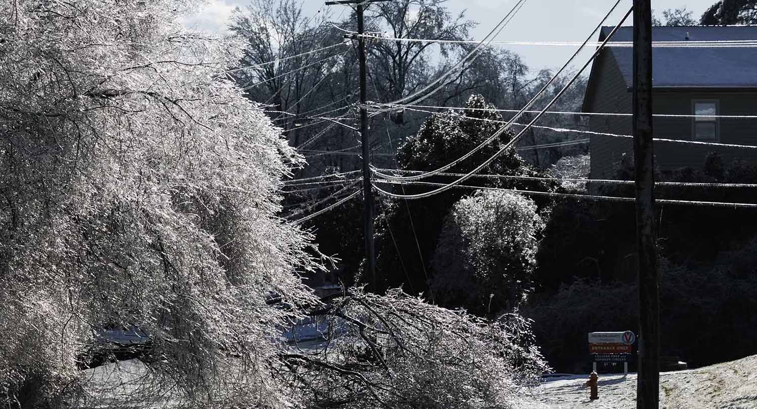Residential street after an ice storm, with tree branches coated in ice and sagging over the road while ice-covered power lines stretch between utility poles in bright winter sunlight.