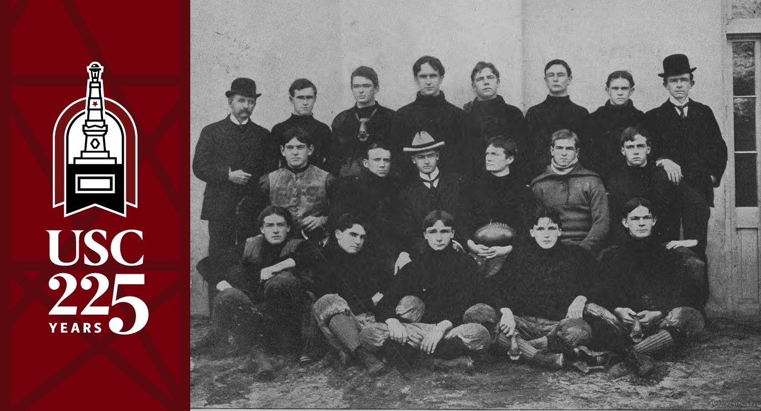 the USC 225 logo is next to a historic photo of the 1892 gamecock football team