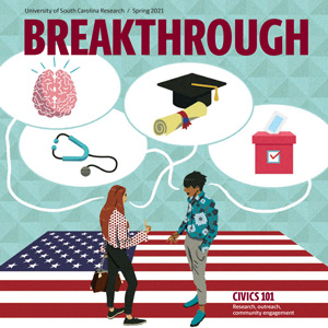Breakthrough magazine cover drawing featuring two people talking with a US flag, in the background and including drawn images of a human brain, mortar board and diploma, stethoscope, and ballot box