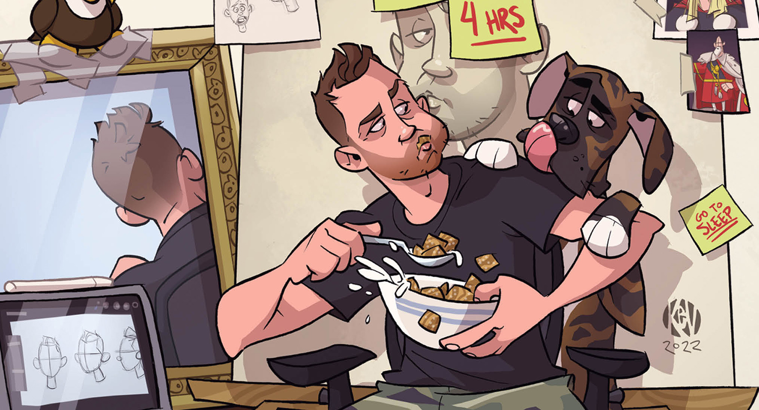 Illustration of an artist eating cereal in front of an easel with his dog looking over his shoulder. 