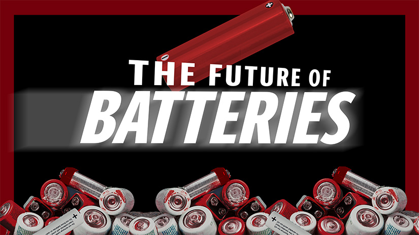 Battery floats on black background text reads "The future of batteries"