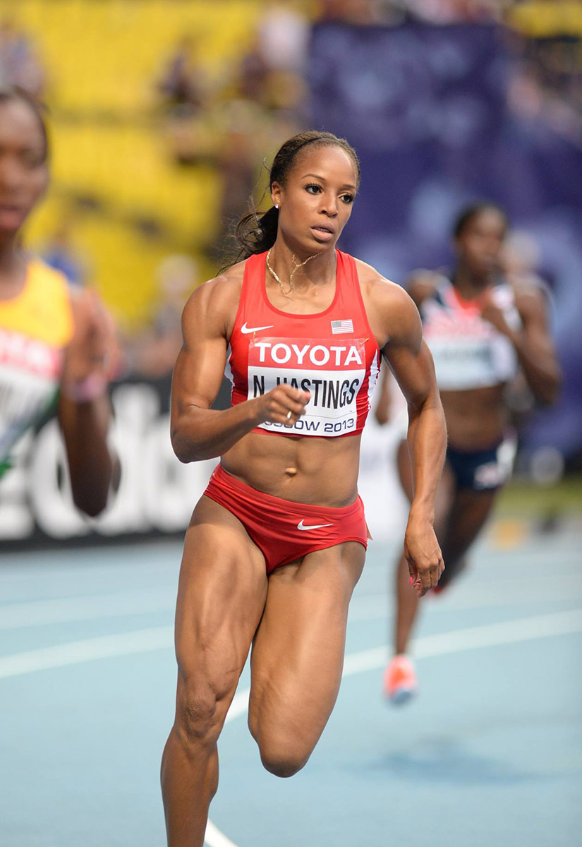 Natasha Hastings running at a track meet in 2013 