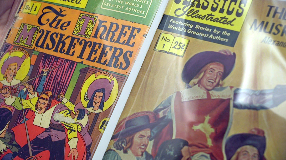 close-up of vintage Three Musketeers comics