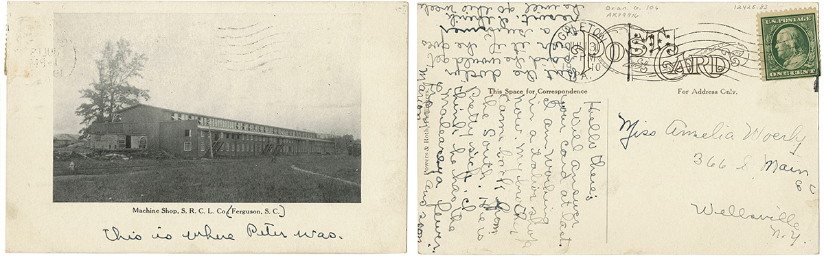 front and back of an postcard form 1910, the front has a photo of the machine shop, the back includes a handwritten note