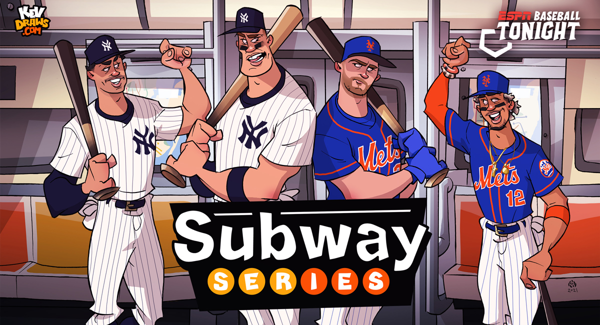 drawing showing yankees and mets baseball players on a train car with the words subway series