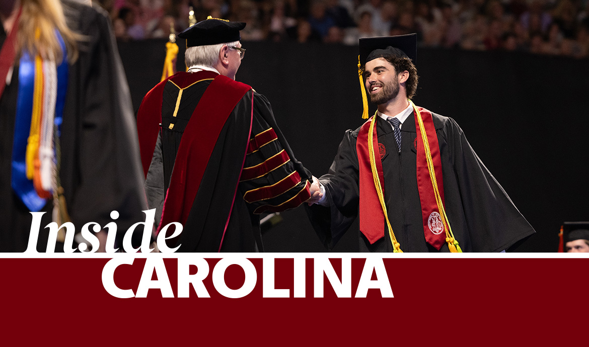 graphic that has a frame with the words Inside Carolina over an image of a graduating student shaking hands on stage