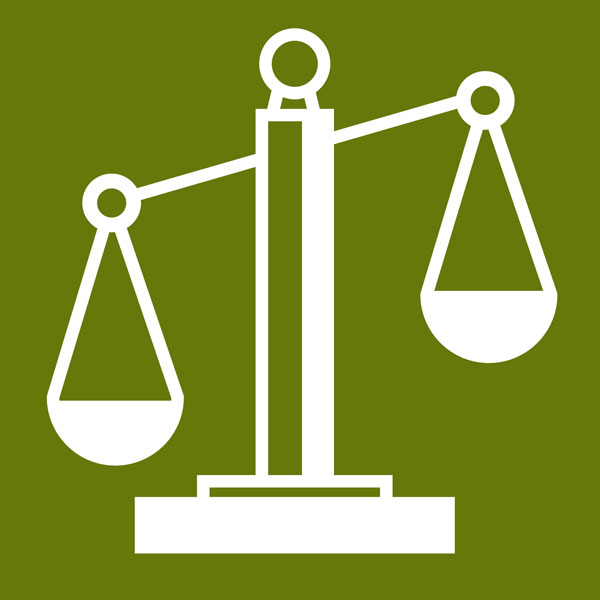 A scales of justice icon in white with green background.