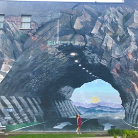 A student standing in front of the Tunnelvision mural.