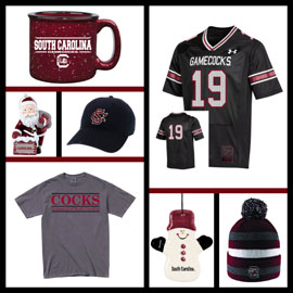 A collage of items from the UofSC book store. A garnet South Carolina mug, a santa ornament, a snowman ornament, a black cap, a garnet, black and white striped beanie, a black replica football jersey and a grey t shirt that says 