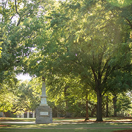 the maxcy monument on the UofSC horseshoe surround by green trees