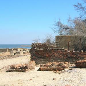 ruins of the lumber mill that are now visible on the shores of Lake Marion 