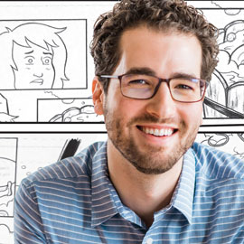 Jarad Greene is pictured superimposed over comic book sketches