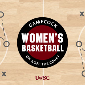 rendering of a basketball court with the words Gamecock women's basketball on and off the court