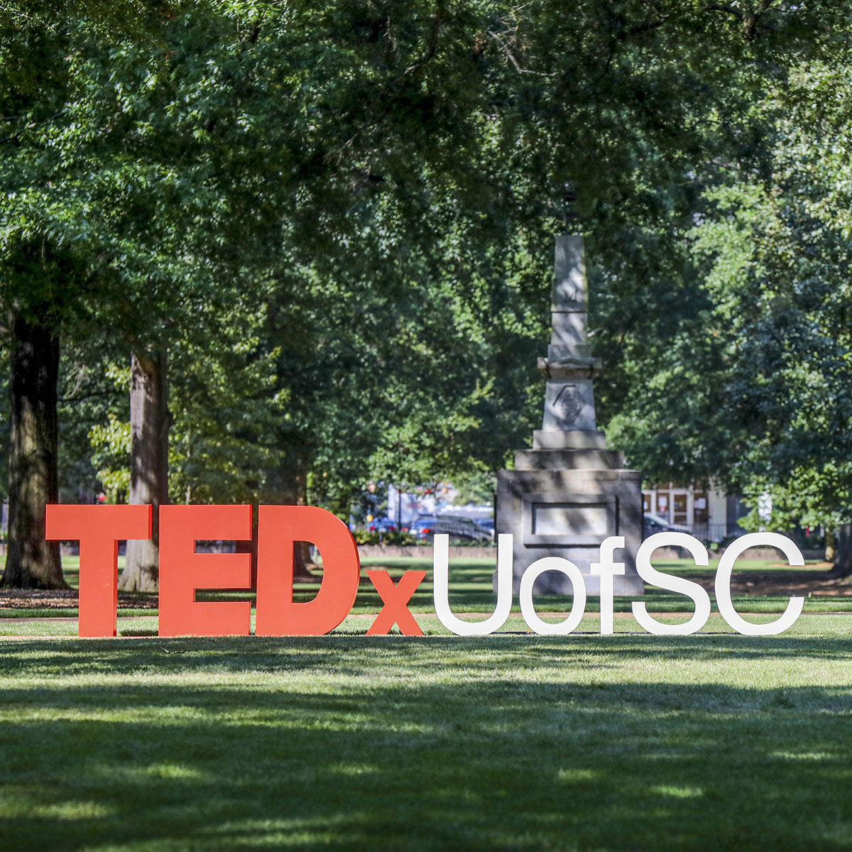TEDxUofSC letters displayed on the Horseshoe