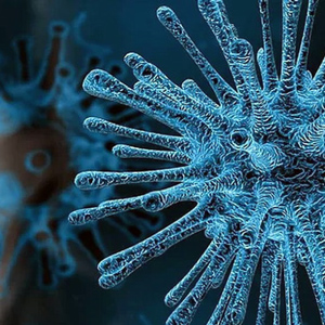 a graphic depicting a corona virus molecule in blue
