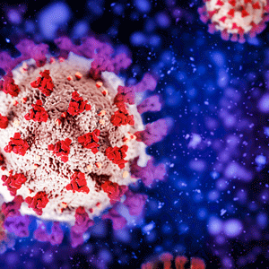 Coronavirus molecule on blue background