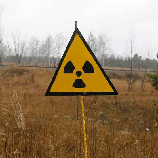 a black and yellow nuclear warning sign in a field of tall grass