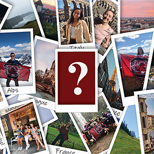 a photo collage of students standing in exotic locales worldwide at the center is a garnet box with a question mark in it