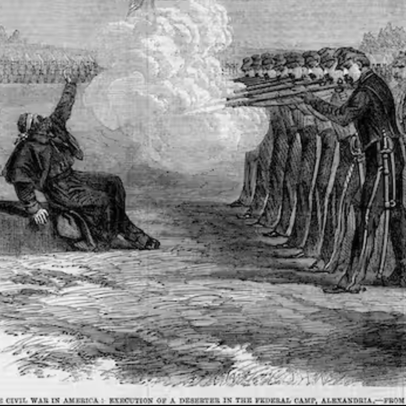 A historical drawing of a man being executed by firing squad