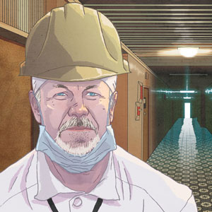 An illustration of Tim Mousseau in the golden corridor of Chernobyl site by Dré Lopez.