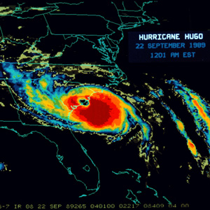 a radar image of hurricane hugo making landfall in SC in 1989