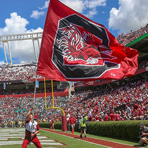 a cheerleader waves a large gamecock flag in the football stadium