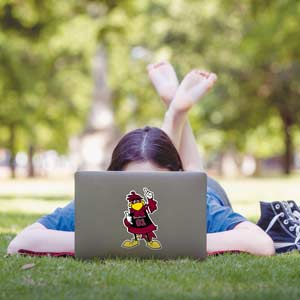 A student relaxes with a laptop on the Horseshoe.