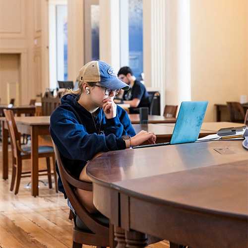 A woman sits at a table studying in the South Caroliniana Library.