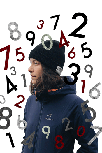 photo illustration of a woman wearing a ski hat surrounded by floating numbers