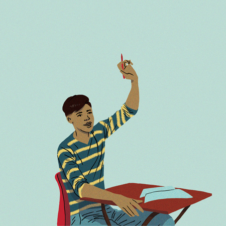 artist rendering of a student sitting at a desk, raising his hand