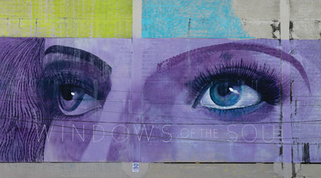 The mural Fleeting Glance by Blue Sky, a close up of eyes with purple background.