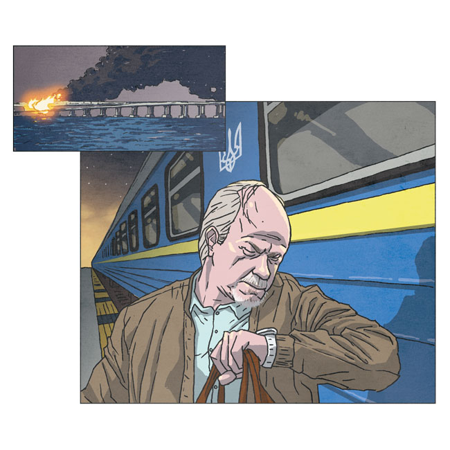 An illustration of Tim Mousseau catching a train out of Ukraine due to the incoming retribution by Vladimir Putin.