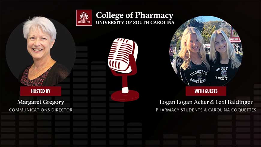 Pharmacy podcast microphone graphic and pictures of the host and featured guests