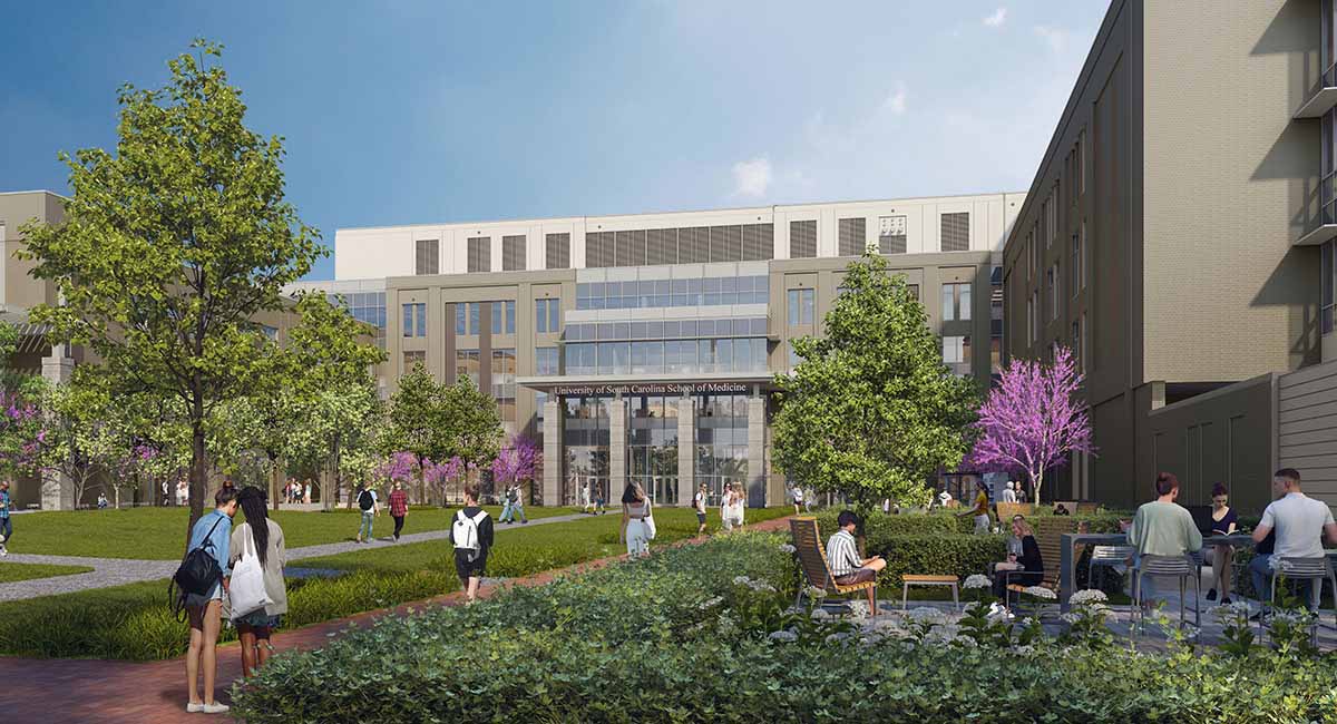 A rendering of the courtyard outside the new School of Medicine Columbia education and research facility