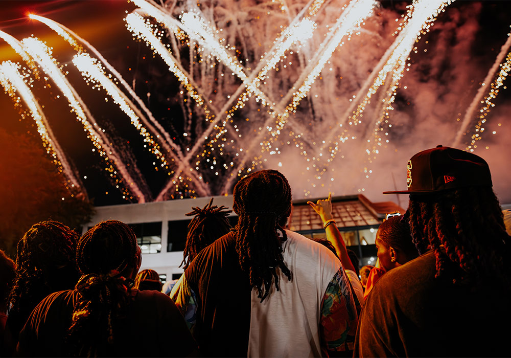 fireworks over Russell House at First Night Carolina.
