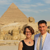 Alumni Amy Coquillard and David Chadwell, a librarian and curriculum coordinator, respectively, at Cairo American College, spend graduation day at the pyramids.